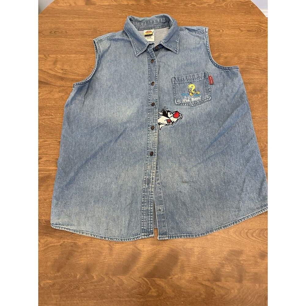 Looney Tunes Shirt Womens 14/16W Sleeveless Denim Button Up Tweedy Sylvester